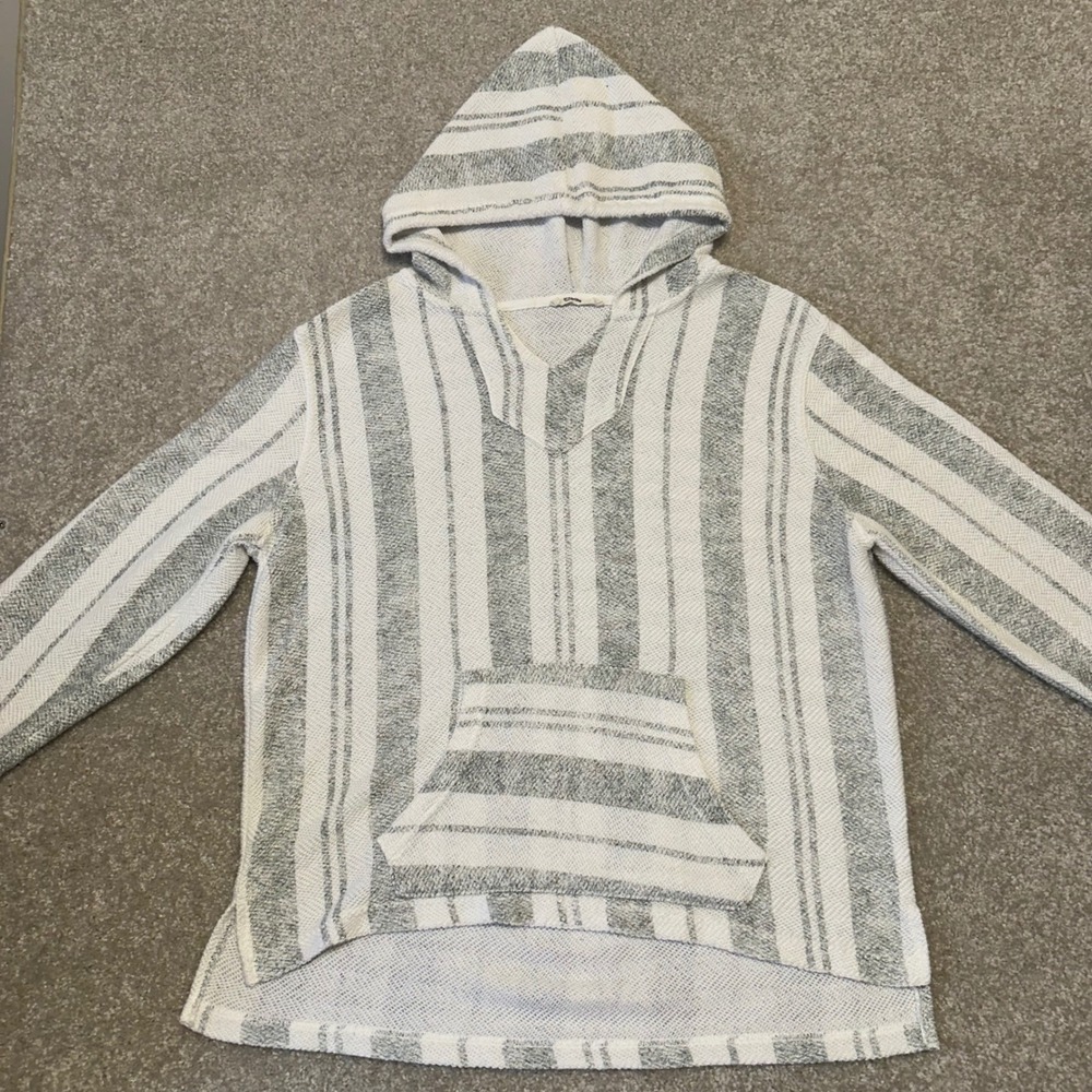 Ron Jon‎ Surf Shop Striped Baja Hoodie Womens Size L Grey White Knit Pullover